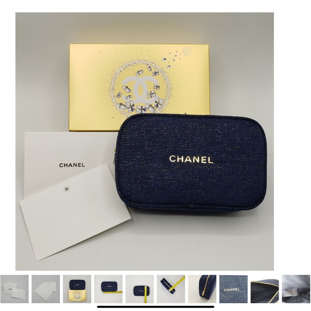 Authentic Chanel 2023 Cosmetic Bag Blue Gold